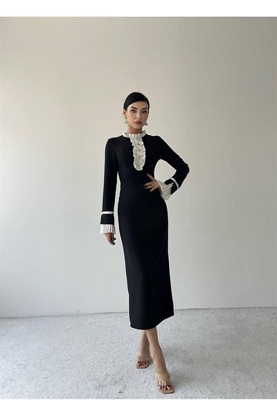 conconmoda Rochie cu mânecă lungă cu guler Teresa - neagră