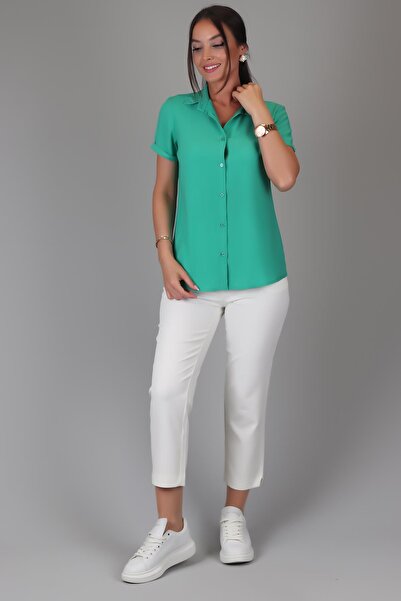 SWEETNESS Green Viscose Short Sleeve Women's Classic Shirt