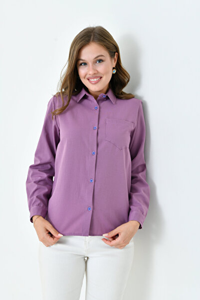 enmodaiçgiyim Відкрита фіолетова коротка модель Basic жіноча сорочка – стильна, прямий крій, з кишенями, для щоденного та офісного використання