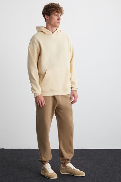 GRIMELANGE Cartmel Beige Men's Sweatshirt - 3 Thread, Relaxed Fit, Kangaroo Pocket and Hood