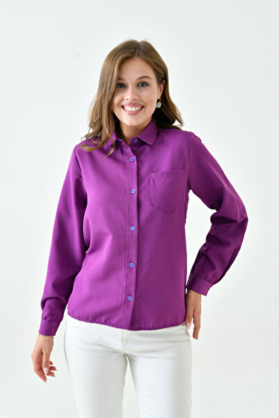 enmodaiçgiyim Purple Short Model Basic Women's Shirt – Stylish, Straight Cut, with Pockets for Daily and Office Use