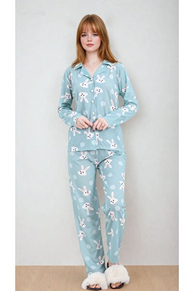 Burcumay Kadın Tavşanlı Uzun Kollu Önden Düğmeli Gömlek Yaka Turkuaz Pijama T...