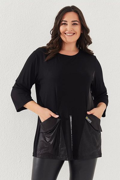 Lady Majestic Leather Look Pocket Detailed Women's Plus Size Blouse