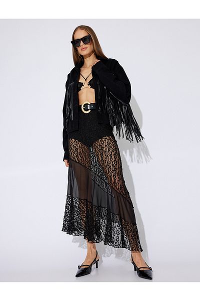 Koton Pernă X Zeynep - Fusta asimetrică din dantelă transparentă cu model leopard, lungime midi