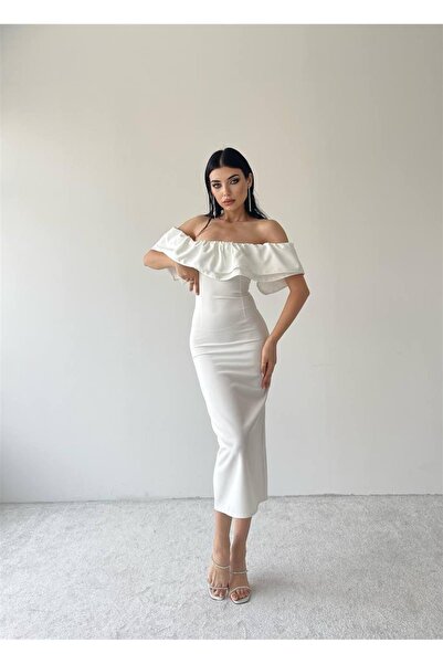 conconmoda Amour Midi Boy Fırfır Elbise - Beyaz