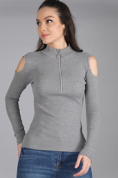 SWEETNESS Жіноча сіра блуза з декольте на плечах і застібкою-блискавкою