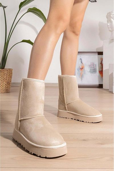 Kids Club Shoes Μπεζ κοντές γυναικείες μπότες - Hugg χοντρή σόλα και εσωτερικό μαλλί