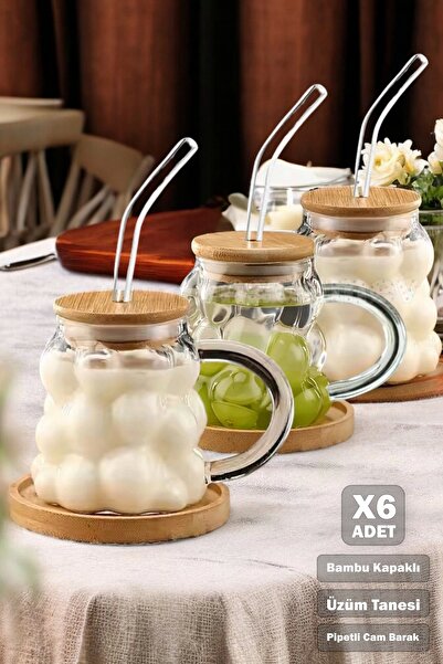 Madamev 6-Piece Grape Grain Bamboo Lid Bead Cup 350 ml Heat Resistant Glass w...