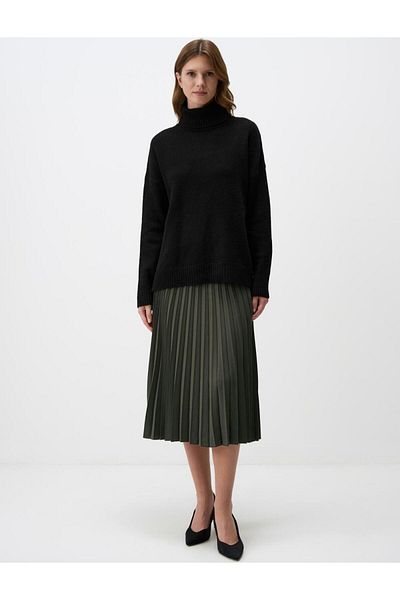 Jimmy Key Khaki Relaxed Fit High Waist Pleated Midi Skirt
