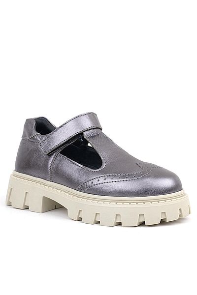 Rakerplus Pantofi de școală pentru fete, piele naturală, platină, crem, talpă Velcro