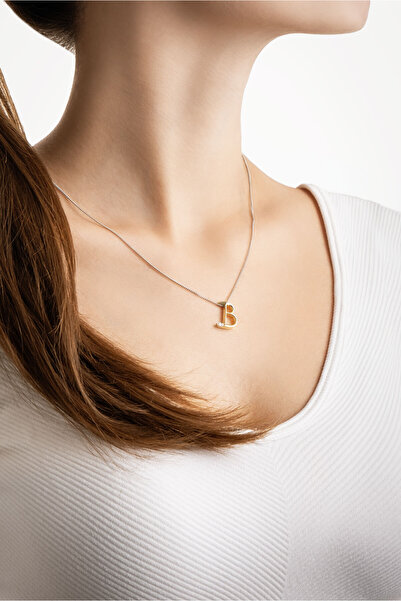 So CHIC... Asimetrik B Harfi 18 Ayar Beyaz ve Sarı Altın Kaplama 45 Cm Gümüş Harfli Kolye