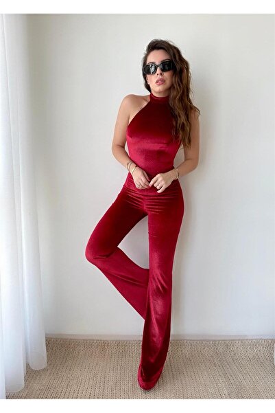 conconmoda Jena Sırt Dekolteli Halter Yaka Tulum - Kırmızı