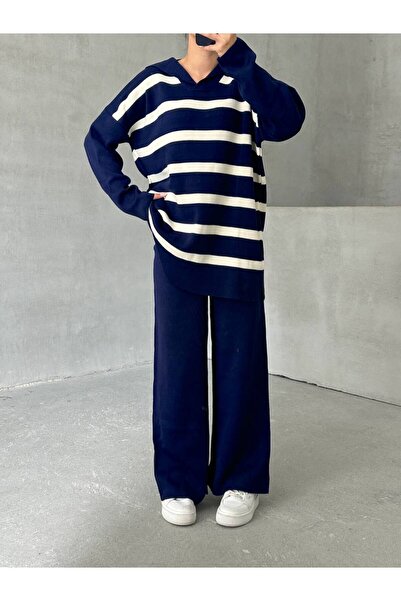 İLKCET MODA Striped V-Neck Knitwear Top and Bottom Set