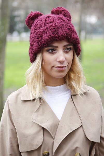 Bay Şapkacı Çift Ponponlu Kadın Mürdüm Bere 4114