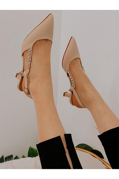 ERVANIN BUTİĞİ Beige Satin (FELIX) Stone Detail Women's Stiletto