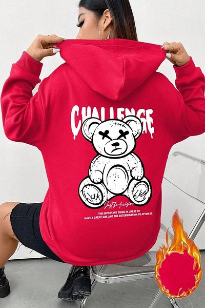 halowear Унисекс двуслоен релефен червен плетен суитшърт с мече Challenge