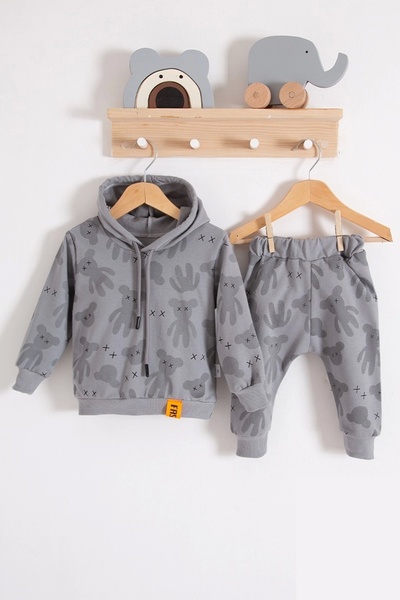 Babydonat Cool Bear Kapüşonlu % 100 Pamuk Erkek Bebek Takımı