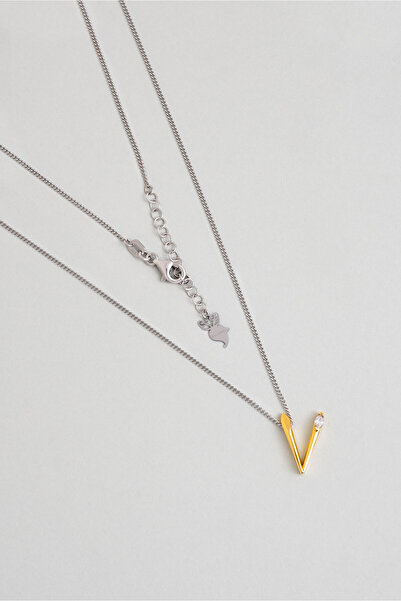 So CHIC... Asimetrik V Harfi 18 Ayar Beyaz Ve Sarı Altın Kaplama 45 Cm Gümüş Harfli Kolye