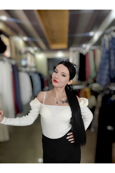 Sublime Butik Pulover de damă, alb, cu gât pătrat, cu mânecă cu balon