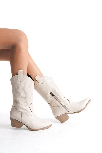 Bak Store Γυναικείες μπότες Western Cowboy με φερμουάρ σε μπεζ δέρμα