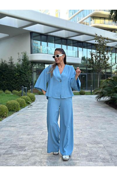 Forlady4 Linen Women's Set - Blue Kimono and Trousers Single Button