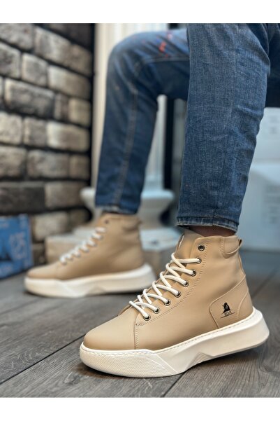 BOA BA0155 حذاء رياضي رجالي برباط ونعل عالي كريمي ونعل أبيض