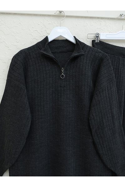 Modamorfo Strickwaren-Set mit halbem Ausschnitt und Reißverschluss – Anthrazit