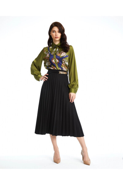 SERPİL Gold Aksesuar Detaylı Piliseli Midi Boy Siyah Etek 37360