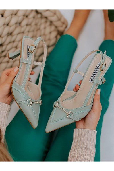 ERVANIN BUTİĞİ Mint Green Leather (Moss) Buckle Detail Women's Stiletto
