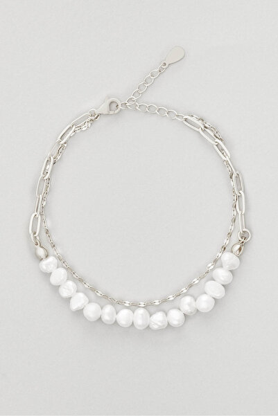 So CHIC... Zincir Detaylı 18 Ayar Beyaz Altın Kaplama 20 Cm Gümüş İnci Bileklik