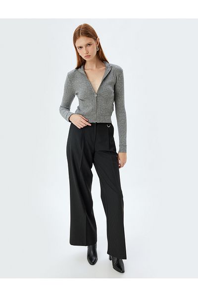 Koton Zippered Knitwear Cardigan Stand Collar Long Sleeve