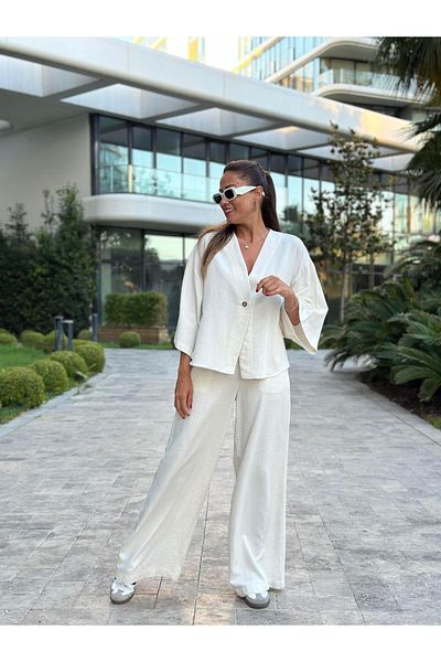 Forlady4 Linen Women's Bottom Top Set - Ecru, Single Button Kimono and Trousers