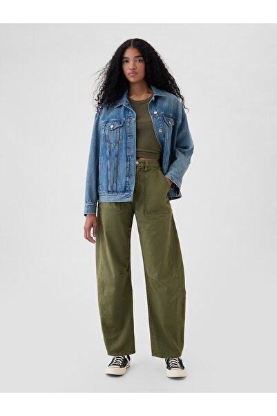 GAP Kadın Haki Mid Rise Twill Barrel Pantolon