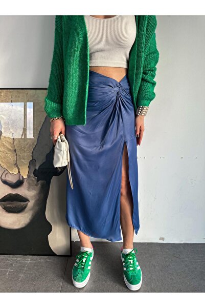 Zerrincan Giyim Mavi Düğüm Detaylı Saten Etek