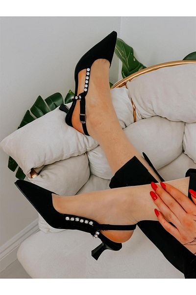 ERVANIN BUTİĞİ Black Satin (Feli̇x) Stone Detailed Women's Stiletto