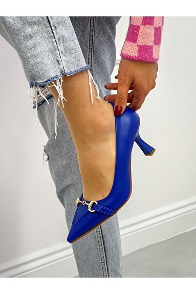 ERVANIN BUTİĞİ Saks Mavi Cilt (MossCross) Toka Detay Kadın Stiletto