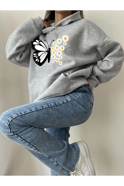 halowear Φούτερ από πλεκτό ύφασμα Unisex 2ip Raised Grey Flower-Butterfly