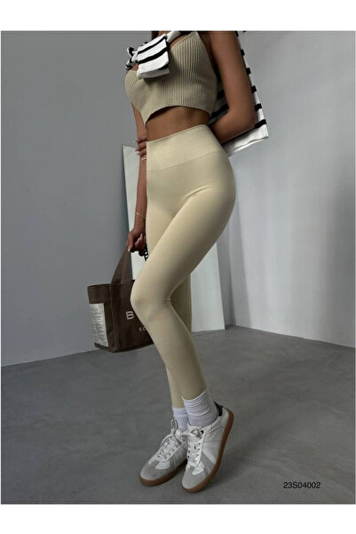 AYSU 1 BEDEN İNCE GÖSTEREN EKSTRA TOPARLAYICI ÇELİK KUMAŞ YÜKSEK BEL TAYT BEJ-KREM