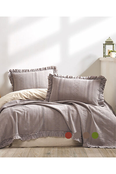 did homeware Yastıklı Jakarlı Gri Fırfırlı Yatak Örtüsü