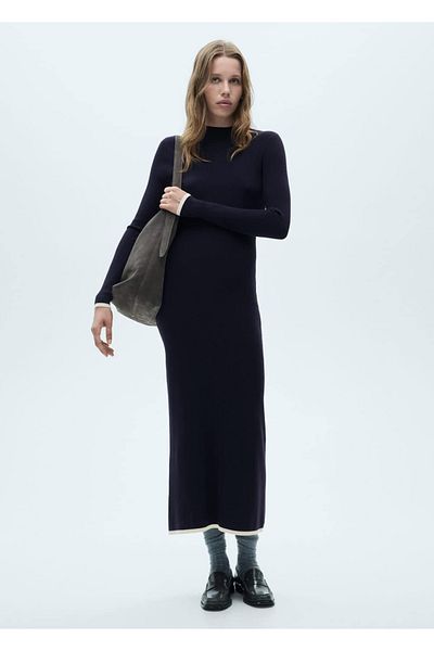 MANGO Woman Πλεκτό φόρεμα με λεπτομέρεια αντίθεσης