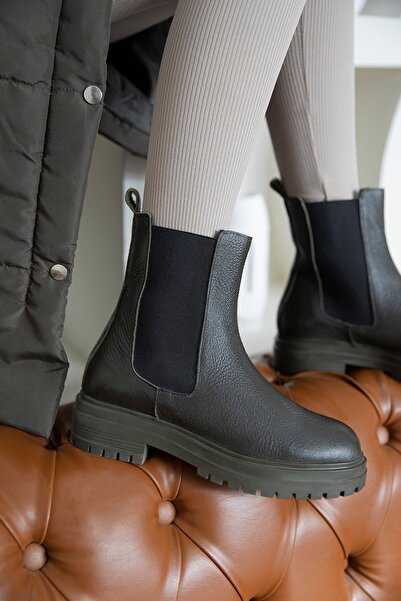 STRASWANS Helen Kadın Lastik Detay Hakiki Deri Postal Bot Haki