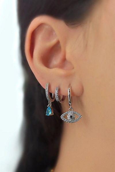 Çlk Accessories مجموعة من 3 أقراط على شكل عين من الحجر الأزرق Trküpe34894