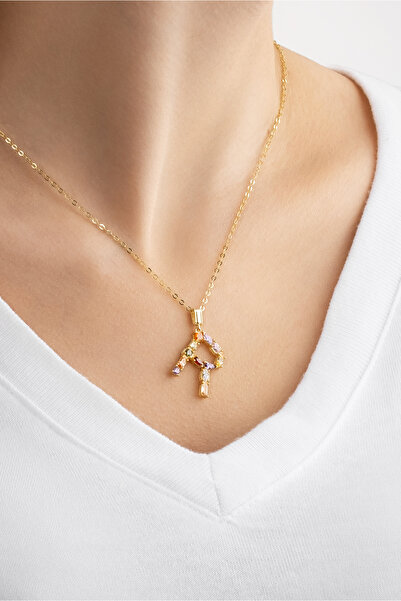 So CHIC... Mini R Harfi Günışığı Renkli 18 Ayar Sarı Altın Kaplama Gümüş Kolye