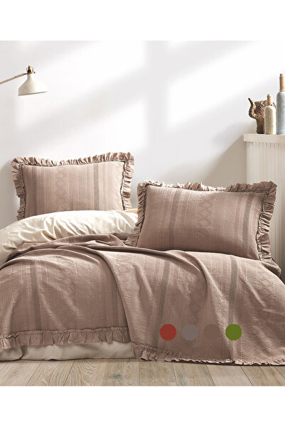 did homeware Yastıklı Jakarlı Bej Fırfırlı Yatak Örtüsü