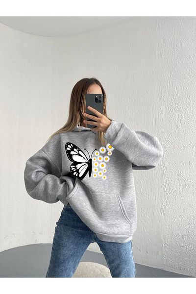 halowear Φούτερ από πλεκτό ύφασμα Unisex 2ip Raised Grey Flower-Butterfly