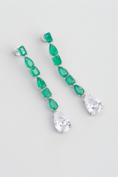 So CHIC... Egzotik Yeşil Taşlı 18 Ayar Beyaz Altın Kaplama Gümüş Küpe