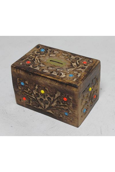 Otantik Çarşı 14x10x10 cm Wooden Piggy Bank with Lock and Beads