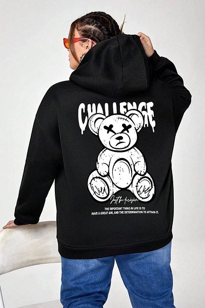 halowear Унисекс двуслоен релефен черен плетен суитшърт с мече Challenge