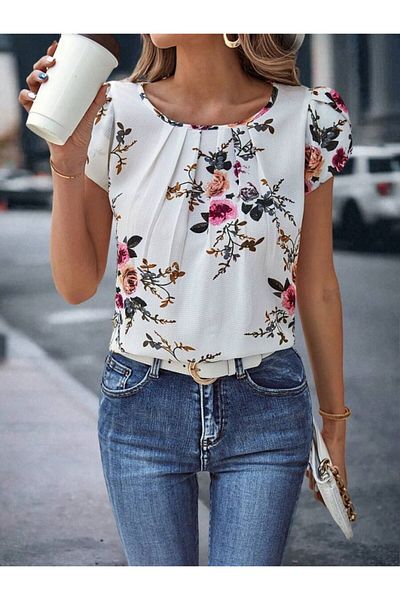 trend henna Women's Short Sleeve Crew Neck Floral Printed Single Jersey Blouse