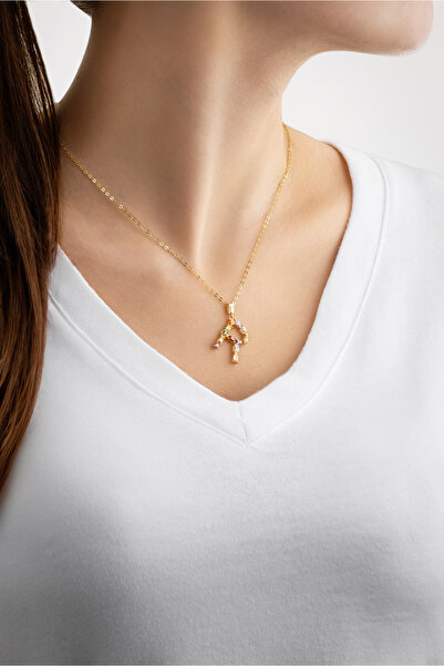 So CHIC... Mini R Harfi Günışığı Renkli 18 Ayar Sarı Altın Kaplama Gümüş Kolye